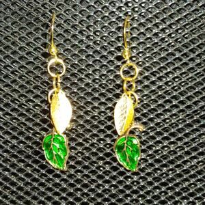 Gold and green enamel leaf earrings
